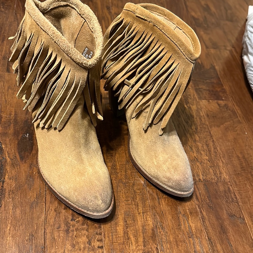 Frye fringe tan booties